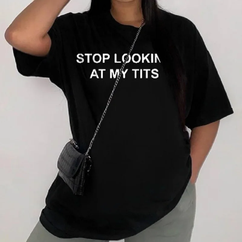 Футболка женская с надписью Stop Look My obs | Женская одежда