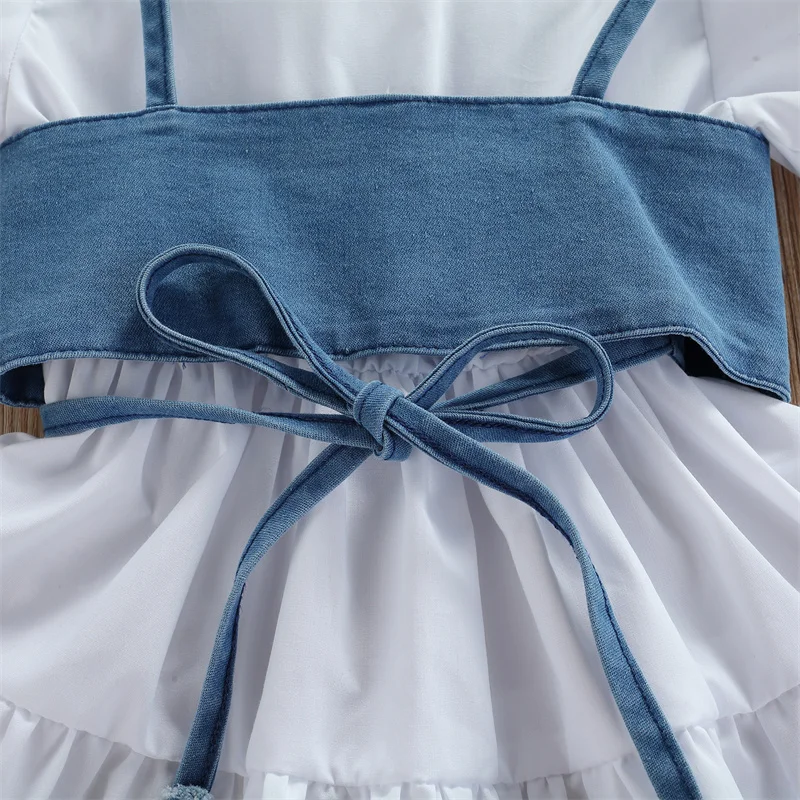 Baby Girls Toddlers Summer 2Pcs Clothes Sets Bandage with Ruffle Short Sleeve Dress + Denim Vest Sets For 1-6Y Girls Outfits 
Baby Girls Toddlers Summer 2Pcs Clothes Sets Bandage with Ruffle Short Sleeve Dress + Denim Vest Sets For 1-6Y Girls Outfits