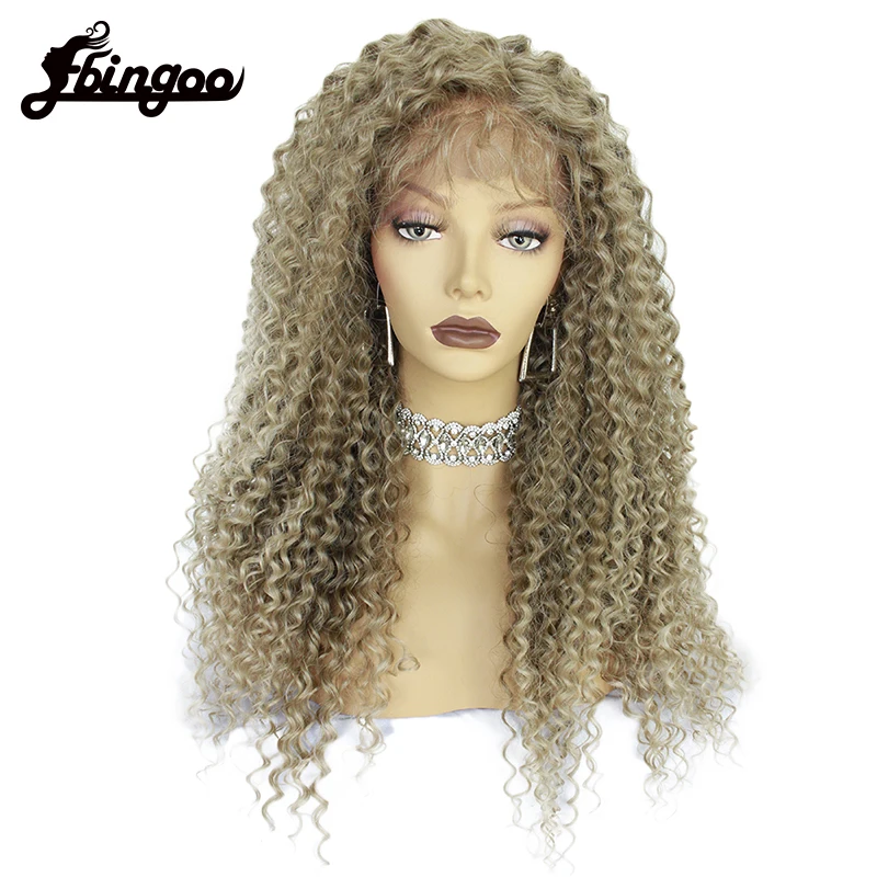 Ebingoo High Temperature Fiber Long Kinky Curly Blond Black Platinum Blonde Synthetic Lace Front Wigs with Baby Hair for Women | Шиньоны и