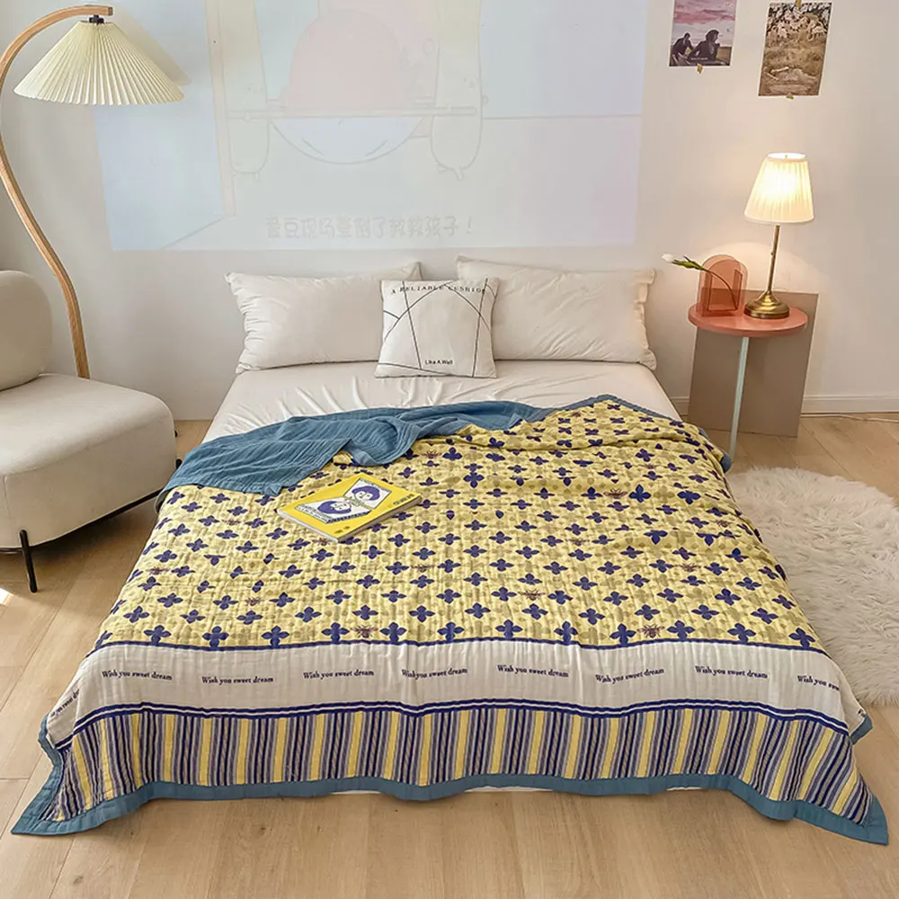 

Papa&Mima European Bees Geometric Nordic Knitted Summer Quilted Thread Blanket Throws Cotton Full Queen Sheets Bedspread