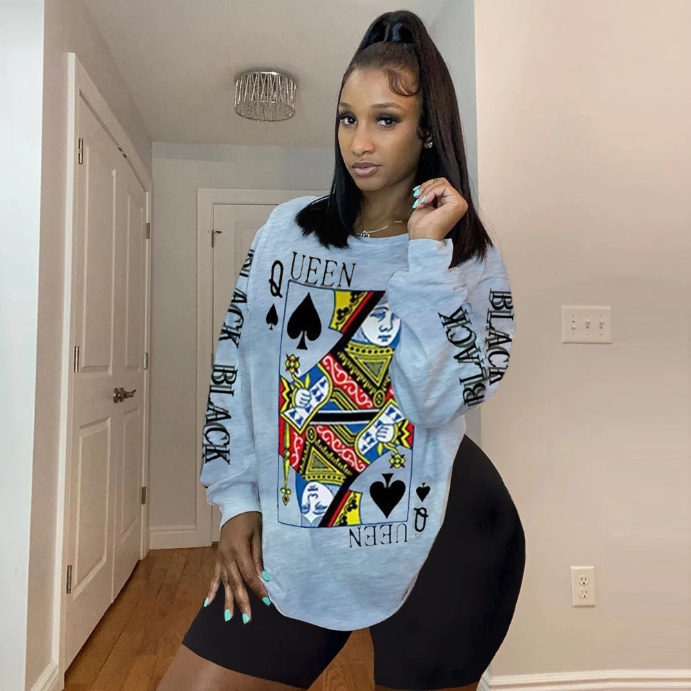 Women Plus Size Suits 2021 Spring Autumn Fashion Solid Poker Printed O Neck Long Sleeve T-shirts And Black Sports Slim Shorts 
Women Plus Size Suits 2021 Spring Autumn Fashion Solid Poker Printed O Neck Long Sleeve T-shirts And Black Sports Slim Shorts