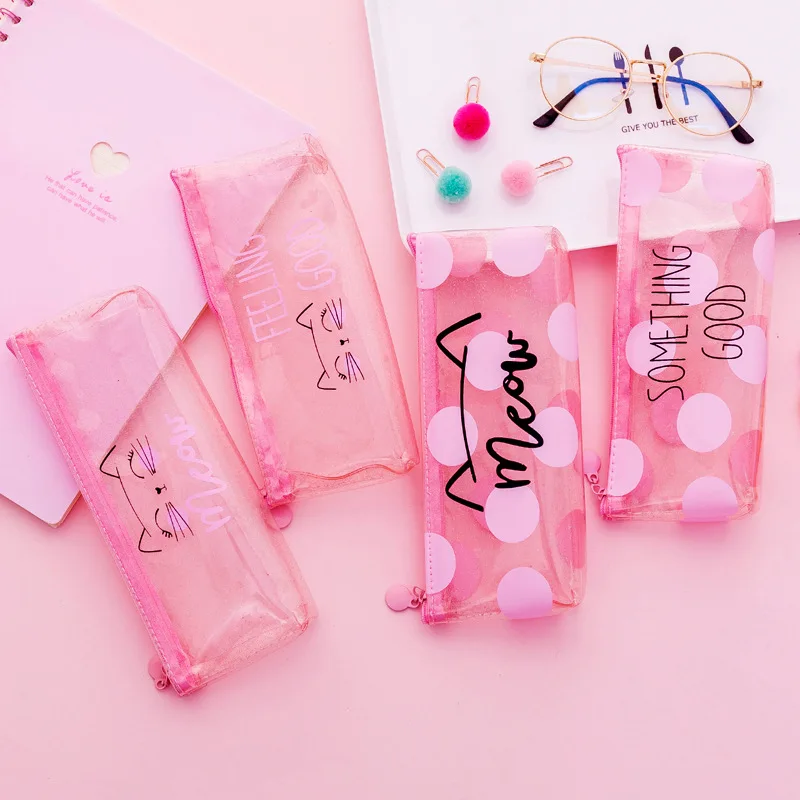 Фото Прозрачный чехол для карандашей с изображением розового кота - купить