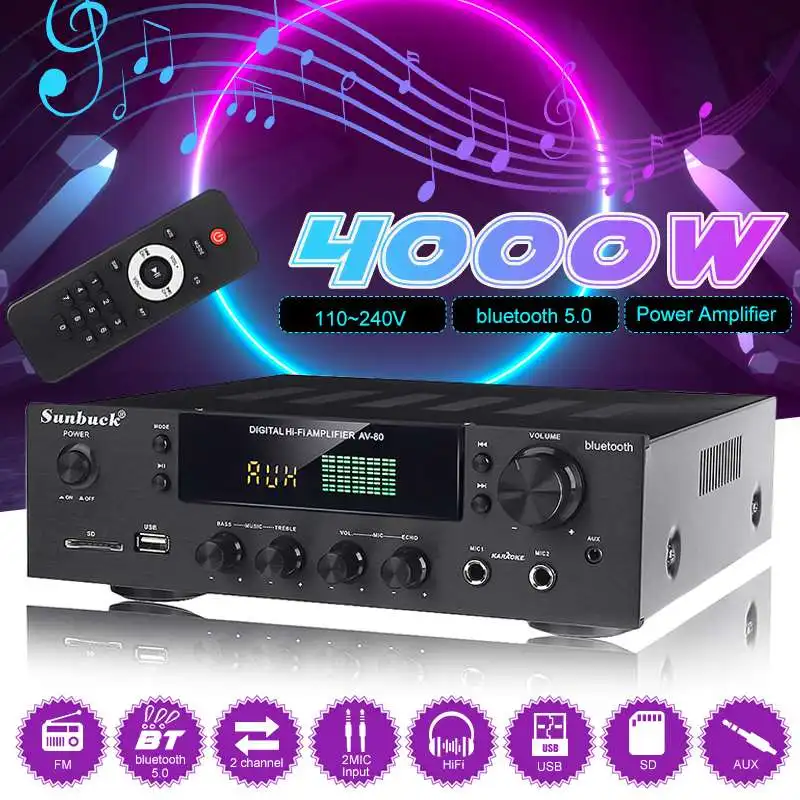 AV-80 стерео цифровая технология усилитель мощности 2,0 канальный HIFI аудио домашний кинотеатр усилители FM приемник USB SD bluetooth 5,0
AV-80 стерео цифровая технология усилитель мощности 2,0 канальный HIFI аудио домашний кинотеатр усилители FM приемник USB SD bluetooth 5,0