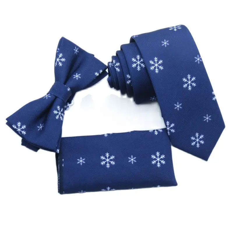 Темно-синий галстук мужской белый Снежинка узкий галстук-бабочка Карманный