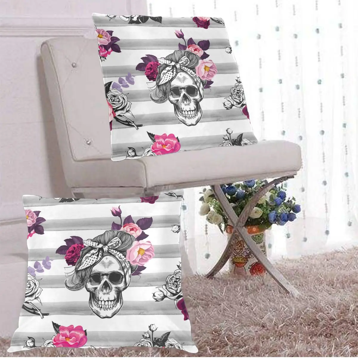 Decorative Pillowcase Skull Silhouettes Flowers Roses Stripes Throw Pillow Case Square Polyester Pillow Cover for Home Office
Decorative Pillowcase Skull Silhouettes Flowers Roses Stripes Throw Pillow Case Square Polyester Pillow Cover for Home Office