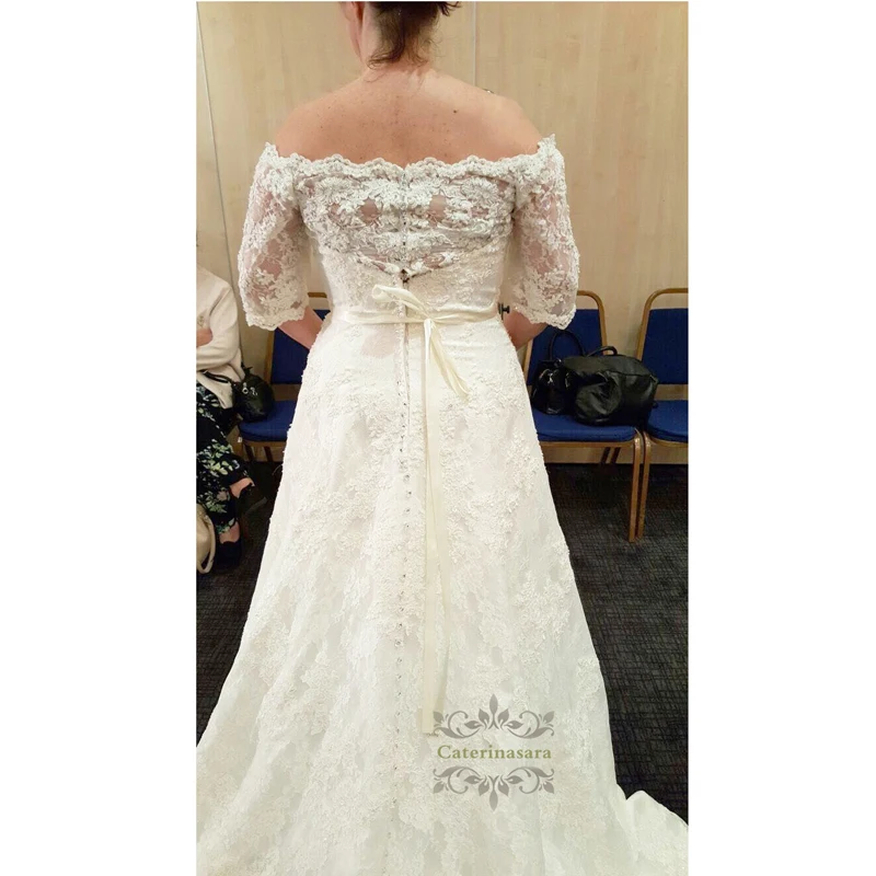 Off Shoulder Half Sleeves Lace Wedding Dresses Appliques Beaded Sash Long Bridal Dress Elegant Court Train Wedding Gowns
Off Shoulder Half Sleeves Lace Wedding Dresses Appliques Beaded Sash Long Bridal Dress Elegant Court Train Wedding Gowns