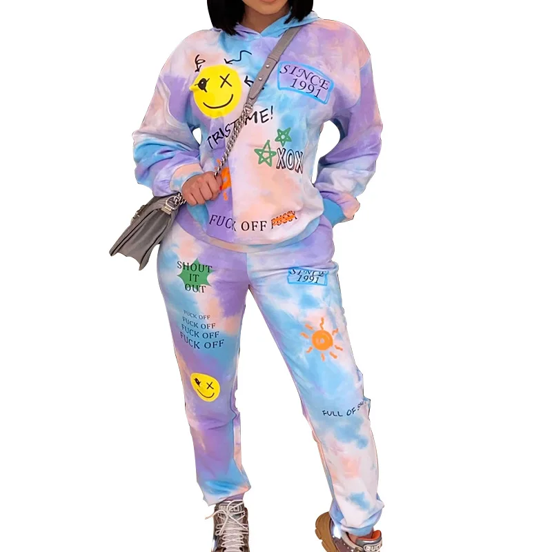 Женский спортивный костюм из двух предметов, Повседневный свитер с капюшоном и брюки с мультяшным принтом, весна-осень 2021 
Женский спортивный костюм из двух предметов, Повседневный свитер с капюшоном и брюки с мультяшным принтом, весна-осень 2021