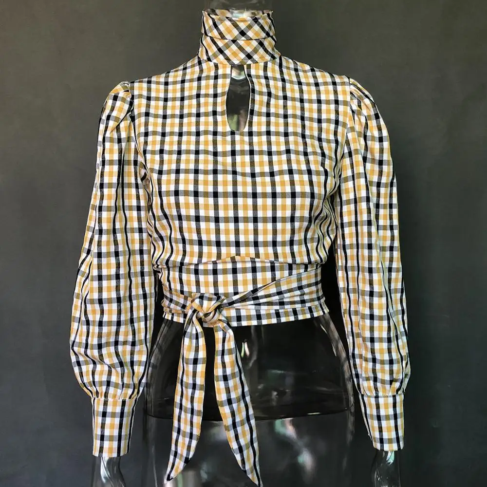 Women Fashion Blouse Sexy Backless Stand Collar Puff Sleeve Wasit Bandage Plaid Tops Female Vintage Slim All-match Shirts Autumn
Women Fashion Blouse Sexy Backless Stand Collar Puff Sleeve Wasit Bandage Plaid Tops Female Vintage Slim All-match Shirts Autumn