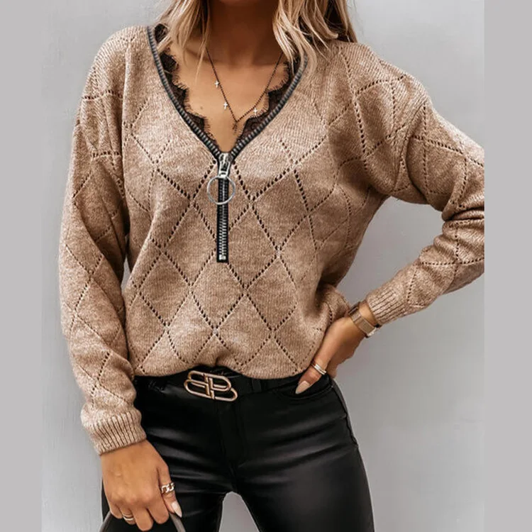 Autumn and winter 2021 new women's loose sweater short zipper lace V-neck fashion sexy top
Autumn and winter 2021 new women's loose sweater short zipper lace V-neck fashion sexy top