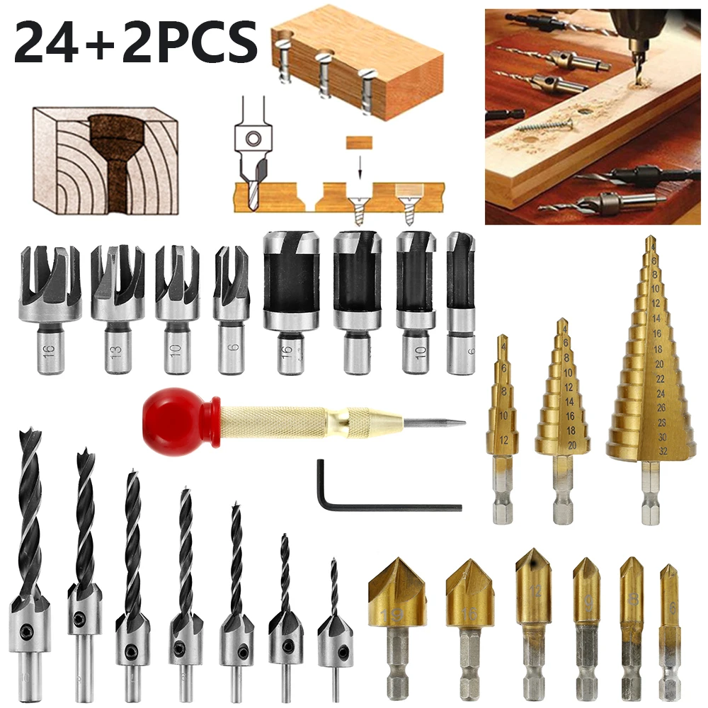 26Pcs Woodworking Countersink Drill Bit Tools Set Wood Plug Cutter Tool Drill Bits Three Pointed Drill Bit Countersink Drill Bit 
26Pcs Woodworking Countersink Drill Bit Tools Set Wood Plug Cutter Tool Drill Bits Three Pointed Drill Bit Countersink Drill Bit