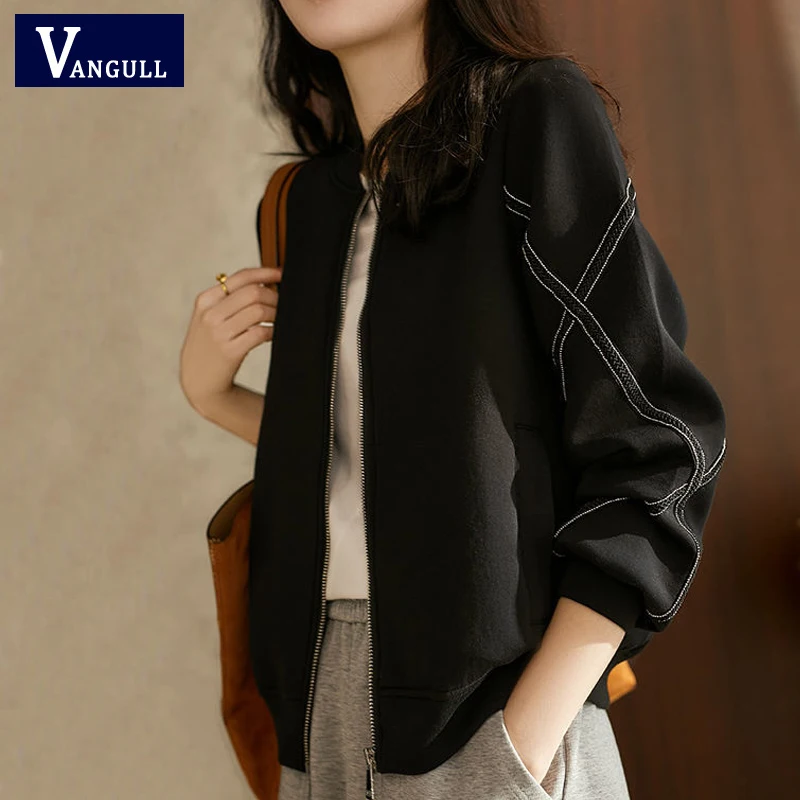 

Vangull Zipper Classical Women Bomber Jacket Female Solid Black Chic Coat Autumn Long Sleeve Short Ladies Jacket Coat