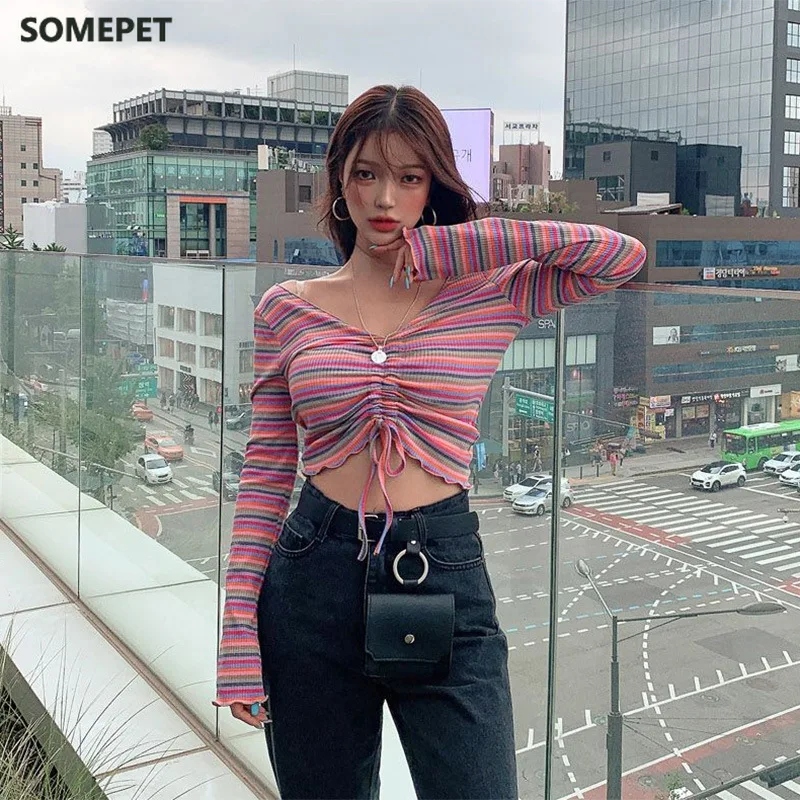 Fashion Trend Women's Sexy Drawstring Crop Top Long Sleeve V Neck Striped Print Knit Tee Autumn New Fitting T-shirts 1 Size
Fashion Trend Women's Sexy Drawstring Crop Top Long Sleeve V Neck Striped Print Knit Tee Autumn New Fitting T-shirts 1 Size
