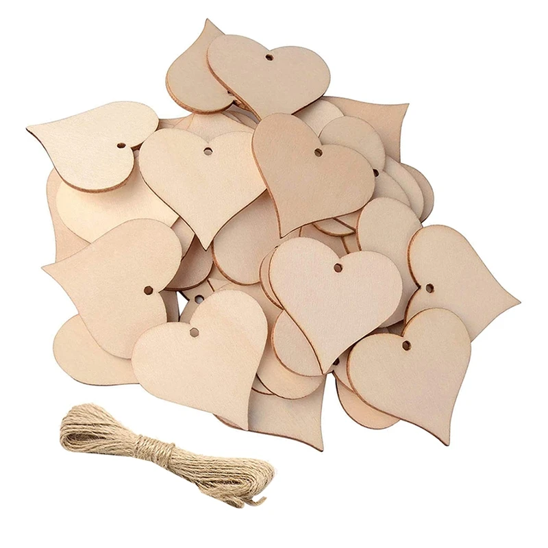 

100Pcs 2 Inch Wooden Love Heart Shape Slices Blank Tags With Hole Unfinished Wood Cutout Labels Art Craft