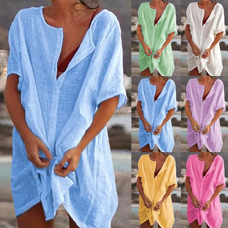Swimsuit Beach Cover Ups Short Sleeve Long Blouse 2021 Summer Casual Loose Solid Color Beach Cover-ups Tunics Plus Size
Swimsuit Beach Cover Ups Short Sleeve Long Blouse 2021 Summer Casual Loose Solid Color Beach Cover-ups Tunics Plus Size