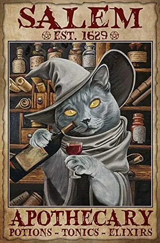 

Salem Apothecary Potions Cat Witch Drink Wine Halloween Tin Sign Retro Style Miller Beer Bar Den Halloween Painting Metal 8x12