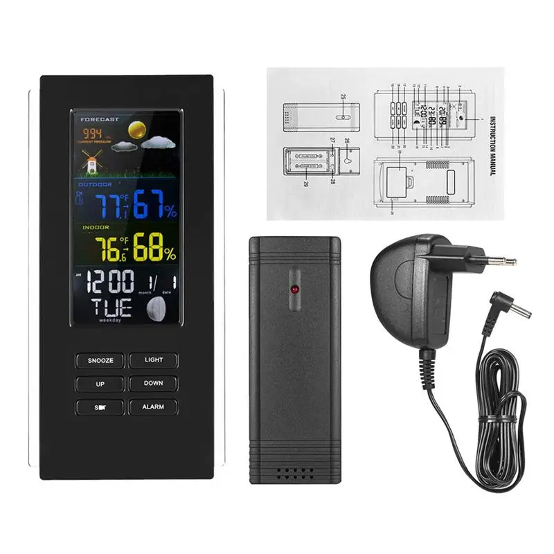 Wireless Digital Weather Clock Indoor Outdoor Thermometer Hygrometer Weather Forecast Station with EU Plug (Black)
Wireless Digital Weather Clock Indoor Outdoor Thermometer Hygrometer Weather Forecast Station with EU Plug (Black)