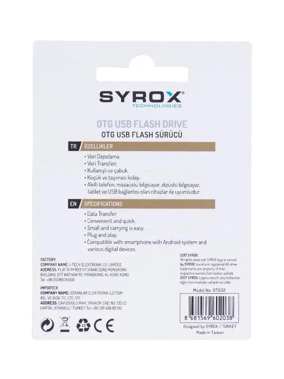 Syrox SYX-OTG32 32 GB Usb 2.0 Otg Micro Flash Memory 
Syrox SYX-OTG32 32 GB Usb 2.0 Otg Micro Flash Memory