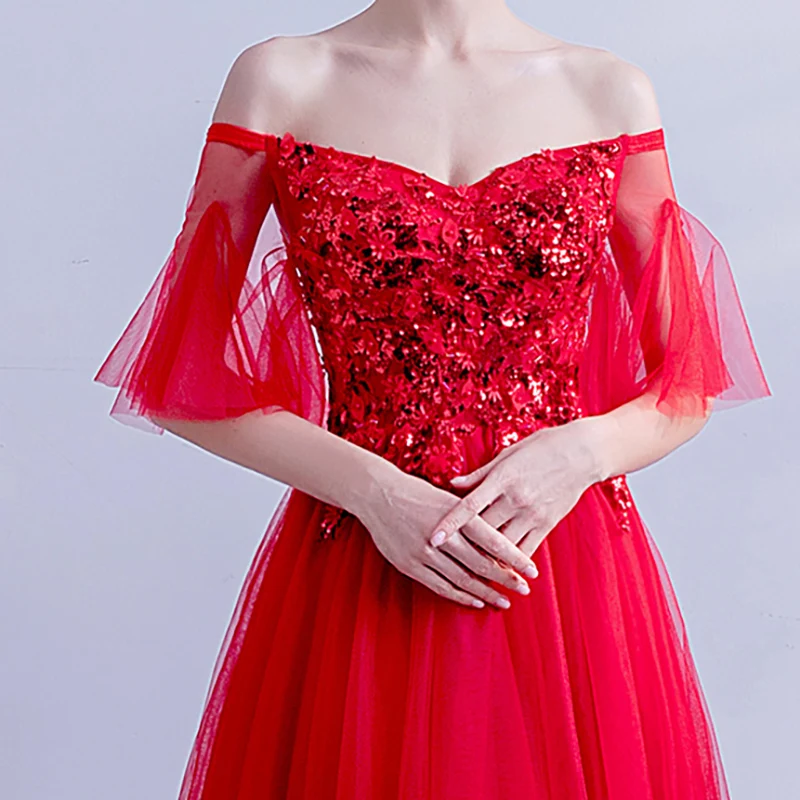 Evening Dress Sequined Appliques Embroidery Off The Shoulder O-Neck Short Tulle Lace Floor-Length A-Line Women Formal Gown TS681
Evening Dress Sequined Appliques Embroidery Off The Shoulder O-Neck Short Tulle Lace Floor-Length A-Line Women Formal Gown TS681