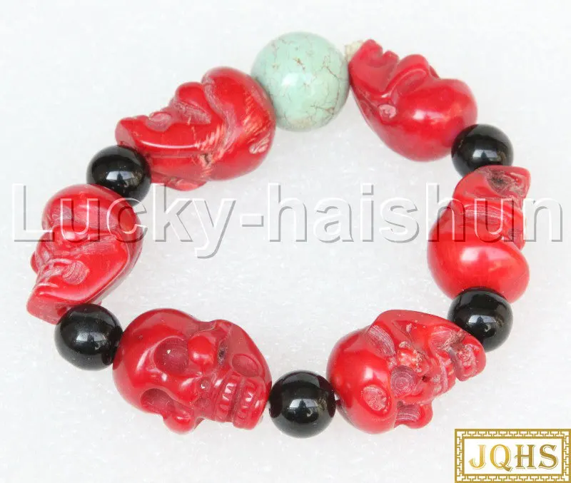 JQHS 7" springy Baroque coral agate turquoise skeleton Bracelet j13208