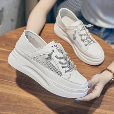 

small shoelace Water white drill shoes summer breathable mesh leather thick soles heightened muffin leisure board shoes walking