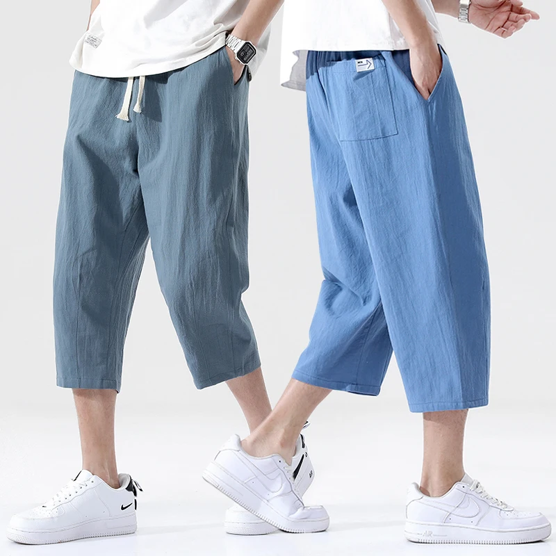

Летние повседневные мужские брюки из натурального хлопка и льна, свободные льняные брюки в Корейском стиле, трендовые девять точек, прямые ...