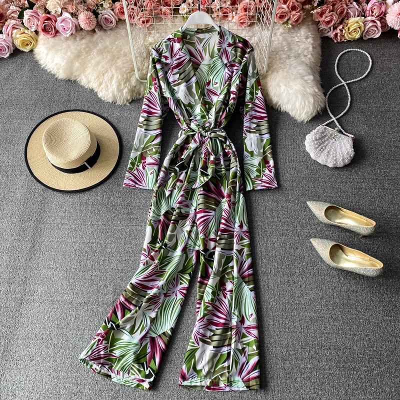 Spring Autumn Fashion Retro Printed Lapel One-Piece Pants Waist Waist Thinning Lace Casual Wide Leg Pants Jumpsuit C138
Spring Autumn Fashion Retro Printed Lapel One-Piece Pants Waist Waist Thinning Lace Casual Wide Leg Pants Jumpsuit C138