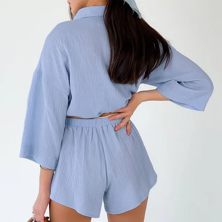 Women Summer Two Piece Set Turn Down Collar Three Quarter Shirt And Short Pants Fsahion Solid Color Loose Female Casual Suit
Women Summer Two Piece Set Turn Down Collar Three Quarter Shirt And Short Pants Fsahion Solid Color Loose Female Casual Suit