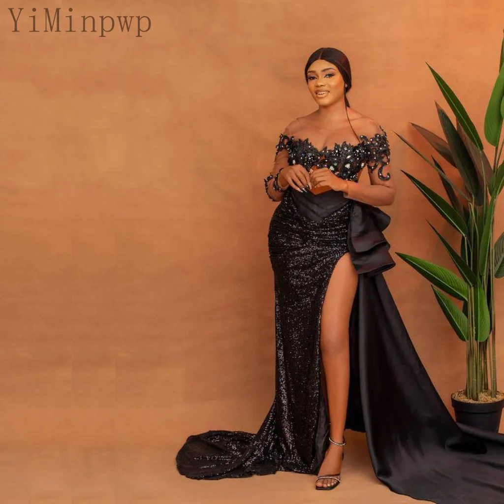 Black Mermaid Evening Dresses Sheer Boat Neck Long Sleeve Side Split Sweep Train Sequined Appliques Satin Women Dress 2022
Black Mermaid Evening Dresses Sheer Boat Neck Long Sleeve Side Split Sweep Train Sequined Appliques Satin Women Dress 2022
