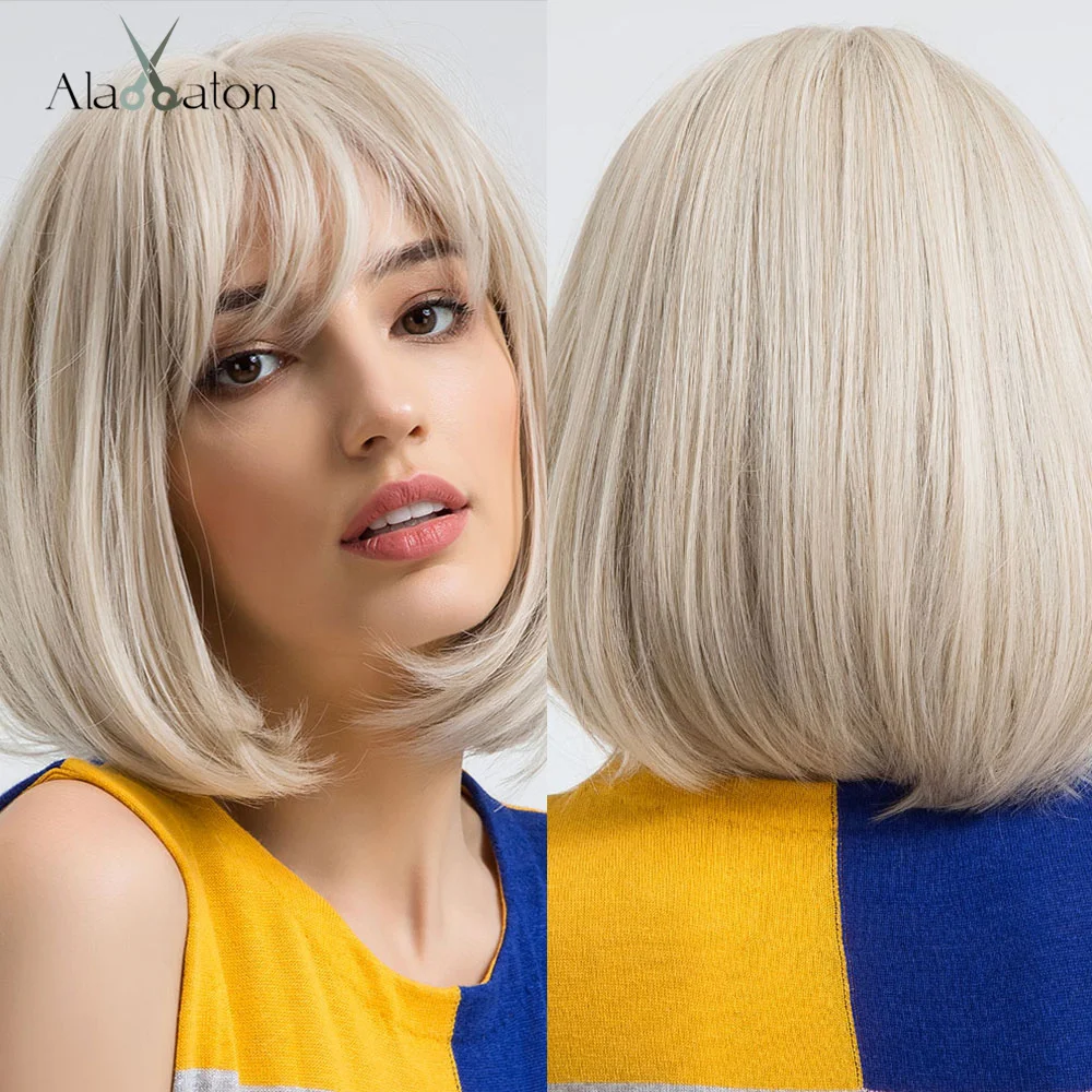 

ALAN EATON Short Straight Blonde Wigs With Bangs Women Cosplay Lolita Anime Bobo wigs Synthetic Wigs Natural Heat Resistant Hair