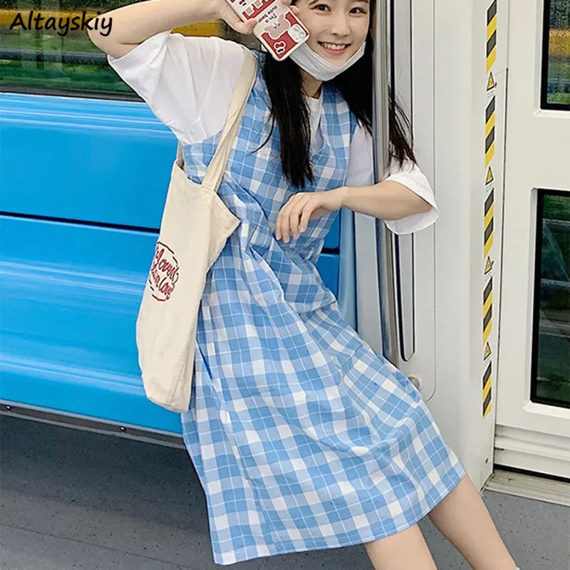 Sweet Japanese Preppy Style Mid-calf Dress Sets Women Plaid V-neck Buttons Vestido Students Short Sleeve White Tee Leisure Chic
Sweet Japanese Preppy Style Mid-calf Dress Sets Women Plaid V-neck Buttons Vestido Students Short Sleeve White Tee Leisure Chic