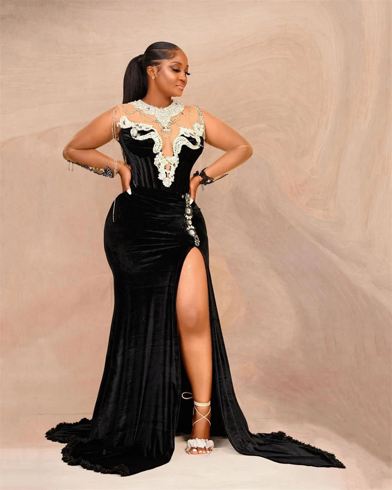 Sparkly Velvet African Prom Dresses O Neck Beading Crystal Sexy Mermaid Evening Dress Formal Long Sleeve Black Girls
Sparkly Velvet African Prom Dresses O Neck Beading Crystal Sexy Mermaid Evening Dress Formal Long Sleeve Black Girls