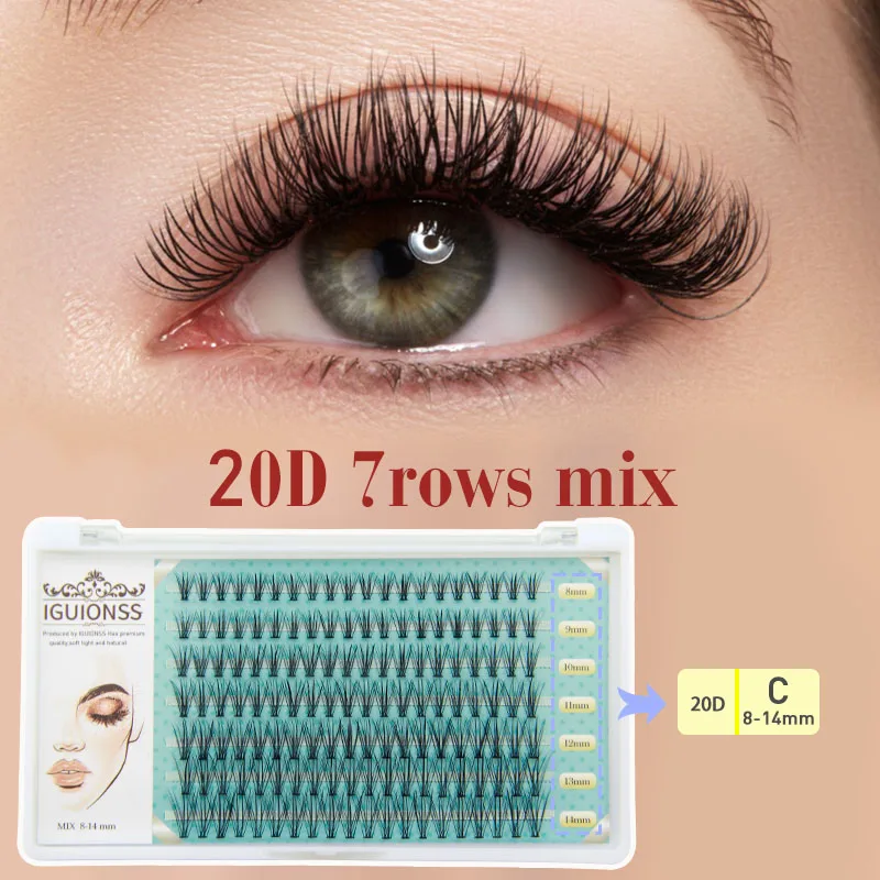 

IGUIONSS 7 rows 0.07mm lashes Self-Grafting Cluster Lashes Fishtail lashes Fairy lashes Type A lashes 8-14mm Mixed Pack C Curl