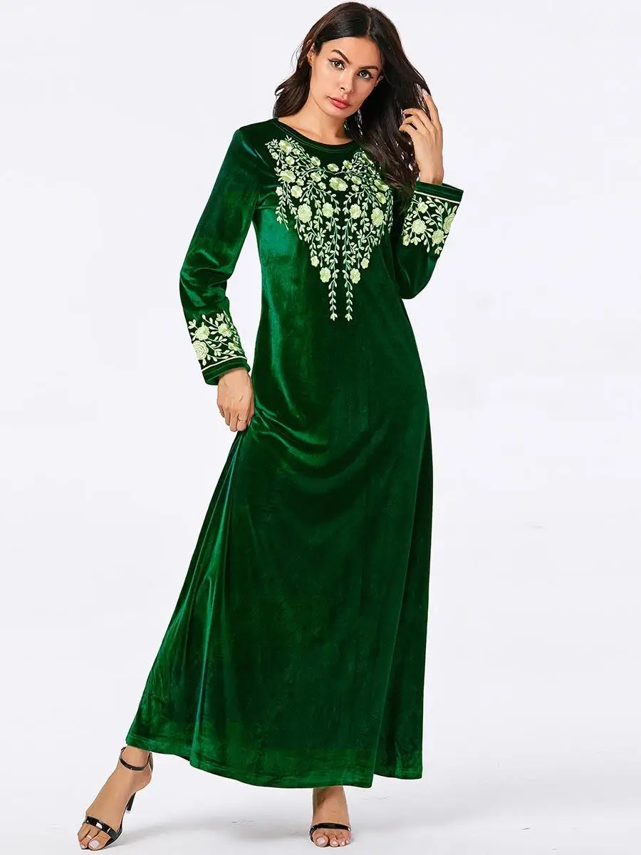 Дубайский мусульманский Женский Бархат abaya вышивка длинное обтягивающее платье