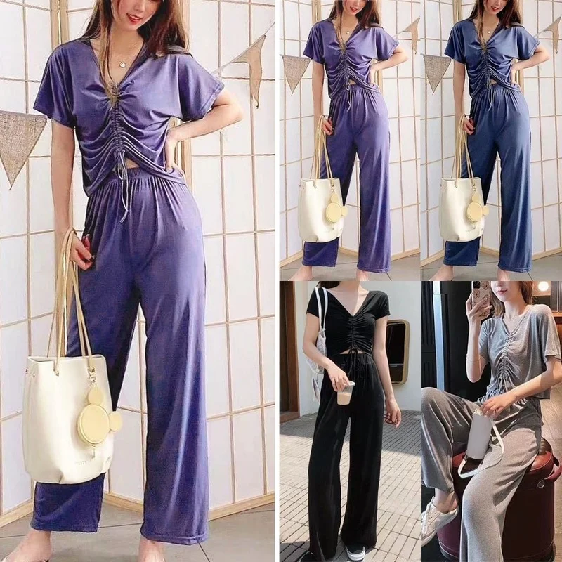 Women Short Sleeve Tops Long Pants Set Ladies Deep V Neck Elastic Waist Slim Sexy Cooling Plus Size Pants
Women Short Sleeve Tops Long Pants Set Ladies Deep V Neck Elastic Waist Slim Sexy Cooling Plus Size Pants