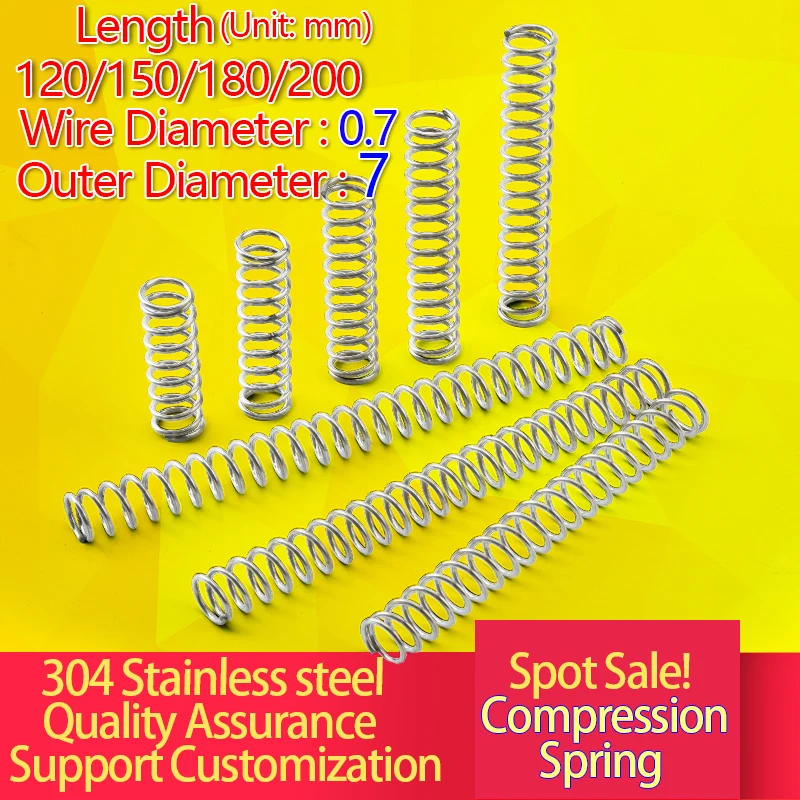Stainless Steel Compression Spring 304 Compression Spring Length 120/150/180/200 Long Spring Y Spring Wire diameter:0.7mm OD:7mm
Stainless Steel Compression Spring 304 Compression Spring Length 120/150/180/200 Long Spring Y Spring Wire diameter:0.7mm OD:7mm