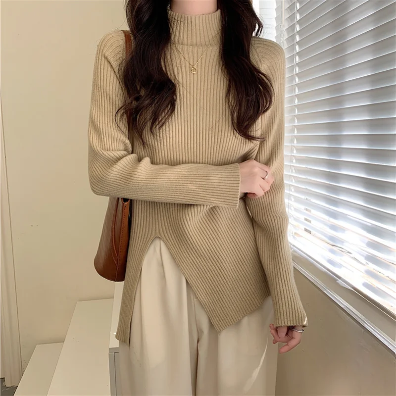 Simple Irregular Split Knit Sweater Women Autumn/winter 2021 Half High Collar Mid-length Knitted Top
Simple Irregular Split Knit Sweater Women Autumn/winter 2021 Half High Collar Mid-length Knitted Top