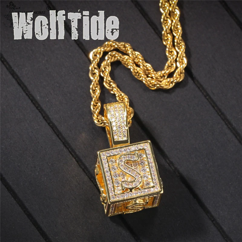 

Bling Cubic Ziconia Dice Cube A-Z Initial Letter Pendant Necklace For Women and Men Hip Hop Golden Color Chains Jewelry Gift