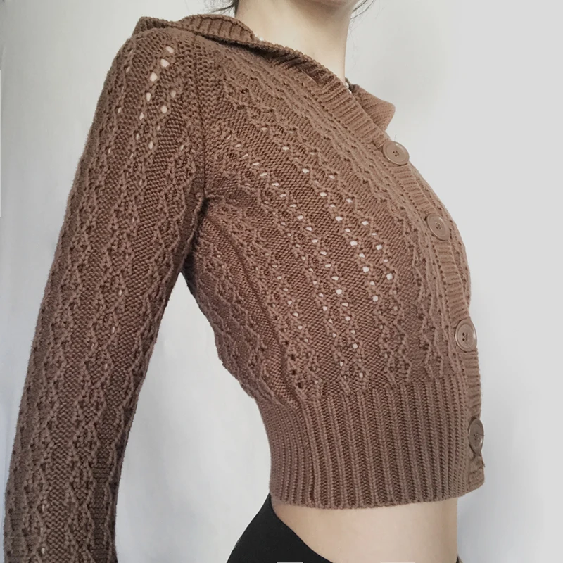 Women Sweater Hooded Collar Long Sleeve Brown Solid Color Button Up Hollow Out Spring Autumn Cardigan Knitwear
Women Sweater Hooded Collar Long Sleeve Brown Solid Color Button Up Hollow Out Spring Autumn Cardigan Knitwear
