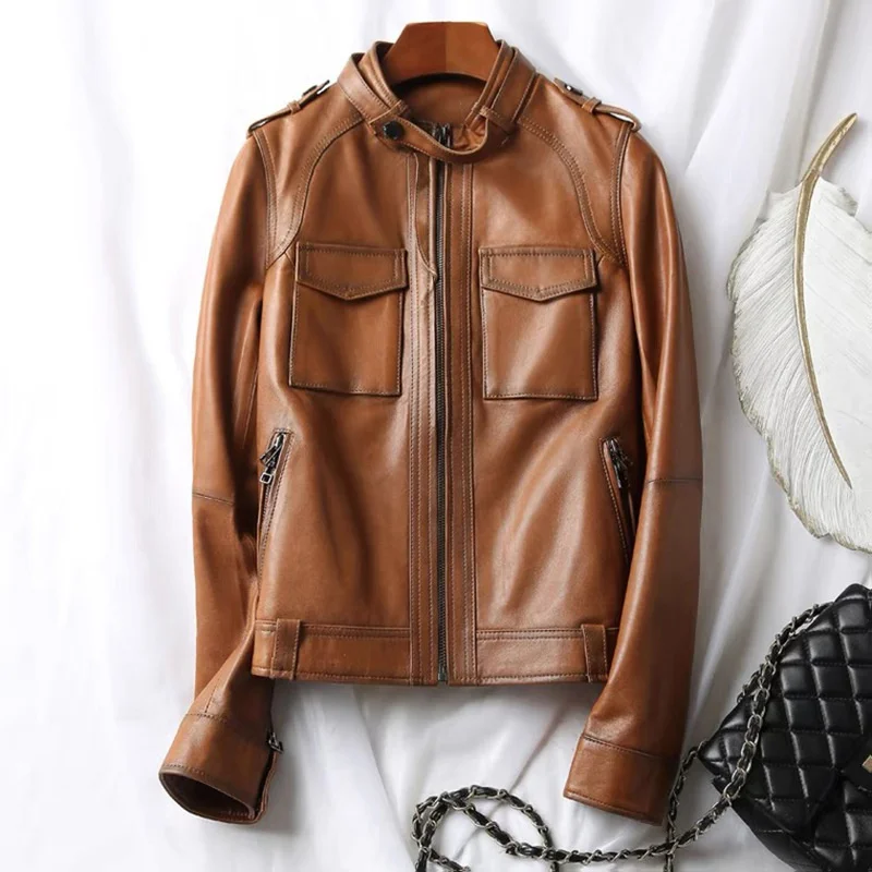 

2022 autumn new stand collar sheepskin semi vegetable tanned leather clothes women's short locomotive slim leather jacket