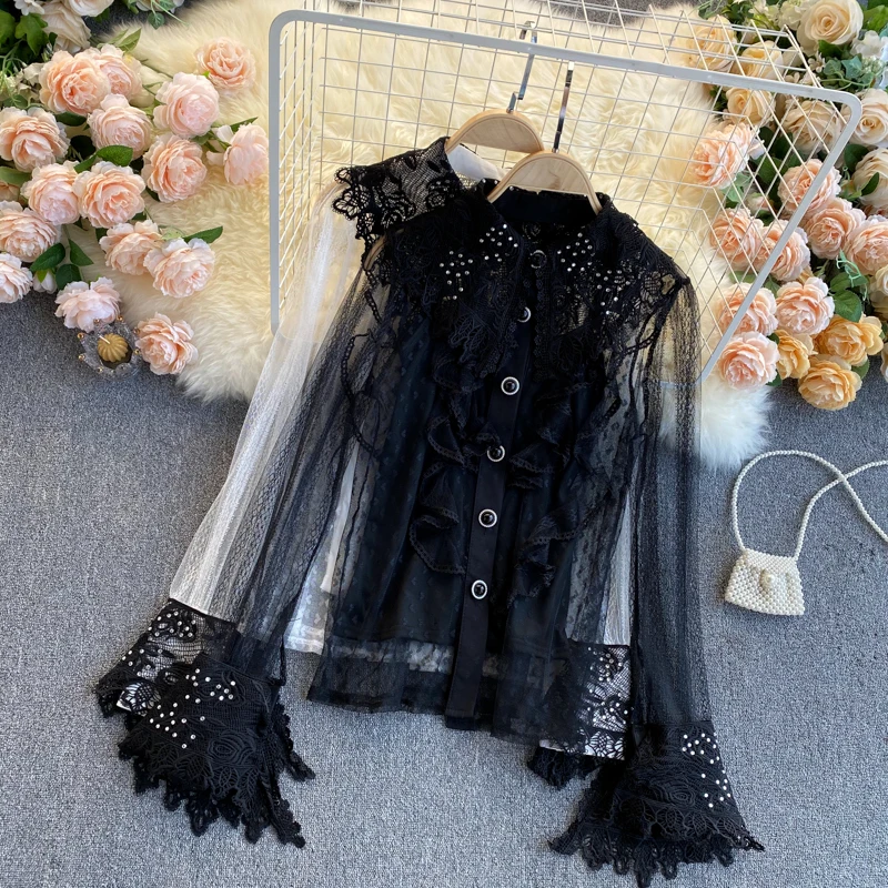 style, lady's shirt, women's design sense, small crowd, hollow out lace big lapel, slim fitting long sleeve mesh top
style, lady's shirt, women's design sense, small crowd, hollow out lace big lapel, slim fitting long sleeve mesh top
