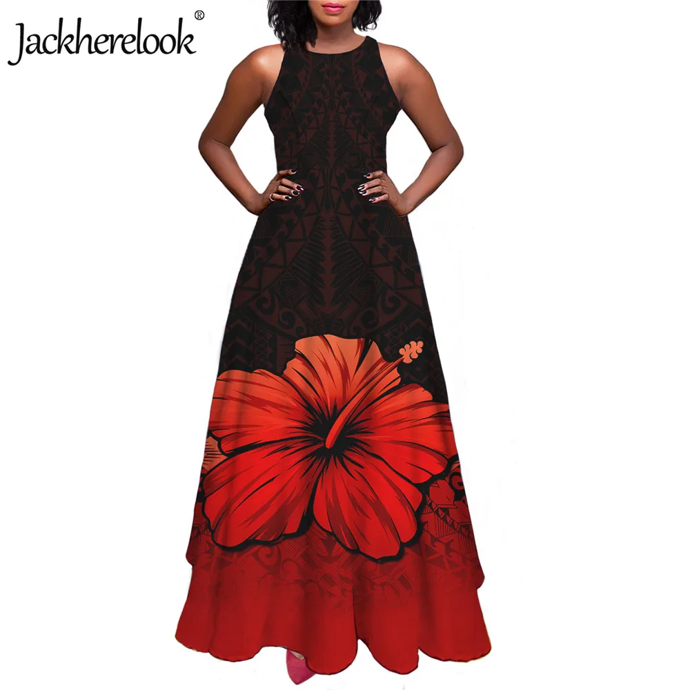 

Jackherelook Red Polynesian Tribal Hibiscus Plumeria Print Elegant Women Party Maxi Dresses Vintage Hawaii Sleeveless Long Dress