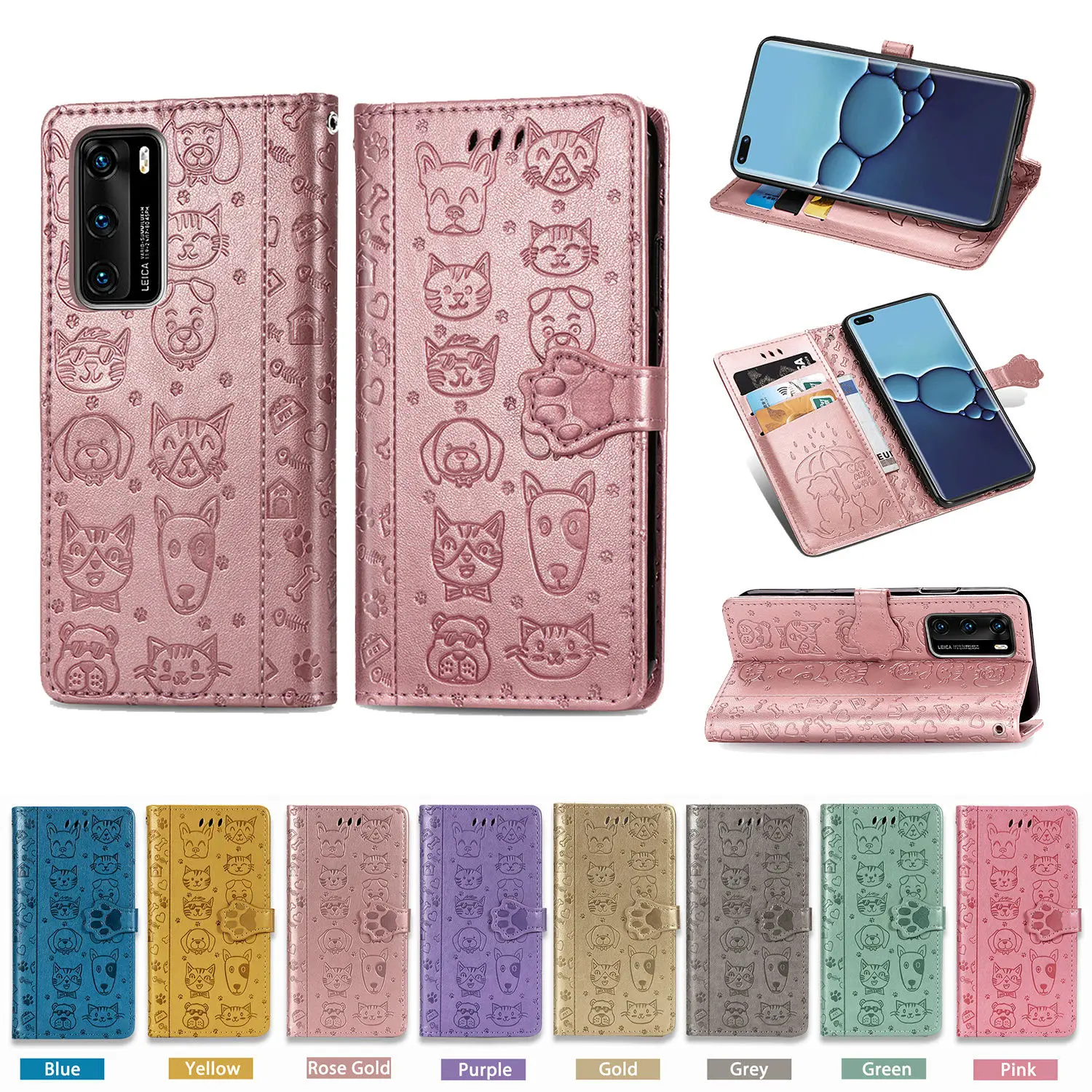 Кожаный чехол кошелек с собакой и котом для телефона Huawei P40 P40Pro P40Lite P30 Pro Lite Y7P Honor 20