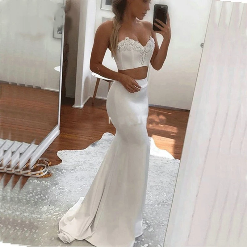 Two Pieces Mermaid Wedding Dresses Sweetheart Appliques Satin Bridal Gowns Backless Sweep Train Wedding Gown Custom Made
Two Pieces Mermaid Wedding Dresses Sweetheart Appliques Satin Bridal Gowns Backless Sweep Train Wedding Gown Custom Made
