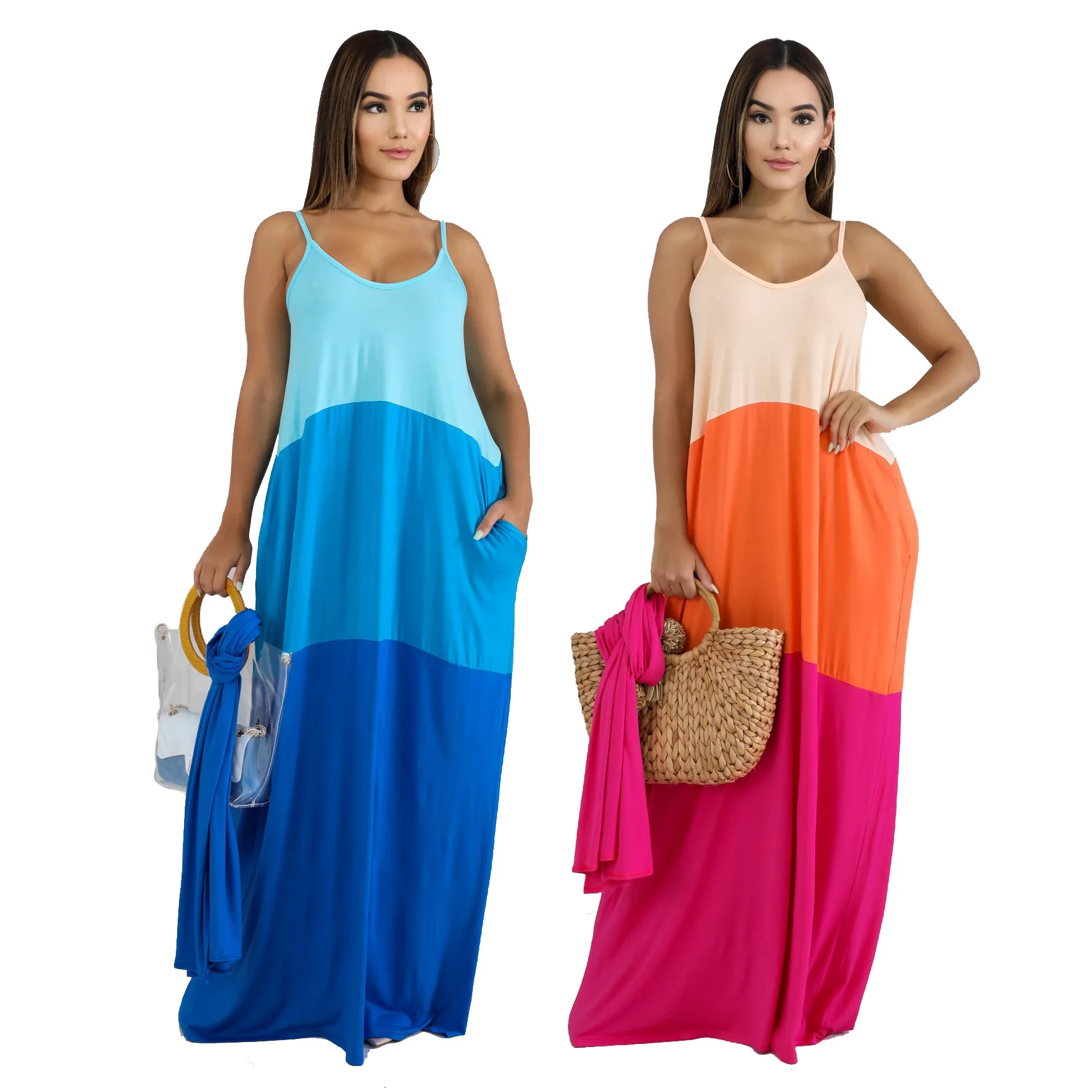 Summer Casual Loose Beach Dresses Women Sexy Sleeveless V-neck Sling Dresses Fashion Patchwork Backless Straight Dress 2 Colors 
Summer Casual Loose Beach Dresses Women Sexy Sleeveless V-neck Sling Dresses Fashion Patchwork Backless Straight Dress 2 Colors