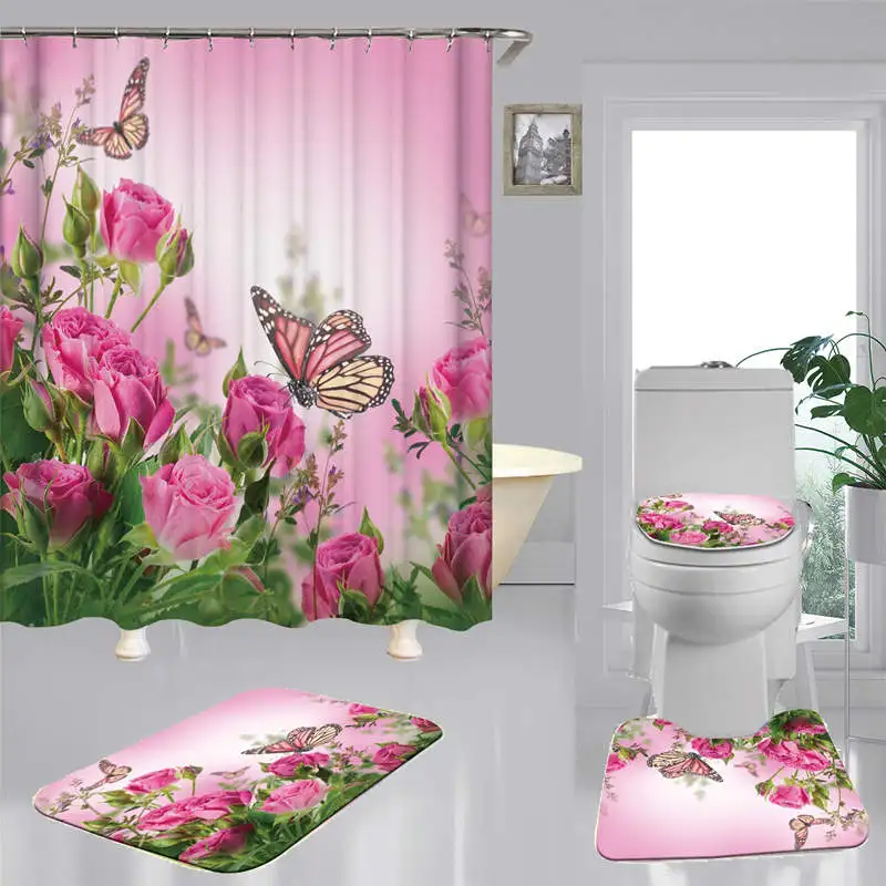Pink Rose Butterfly Polyester Fabric Shower Curtain Non-Slip Bath Mat Toilet Lid Cover Rugs Home Bathroom Decor Set
Pink Rose Butterfly Polyester Fabric Shower Curtain Non-Slip Bath Mat Toilet Lid Cover Rugs Home Bathroom Decor Set