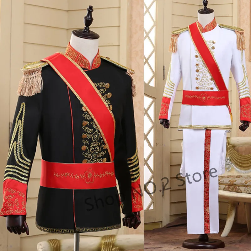 

Men Suits Military Uniform Palace Prince Suit Marshal Soldier Guard Dress Stage Costumes Music Drum Singer Black White