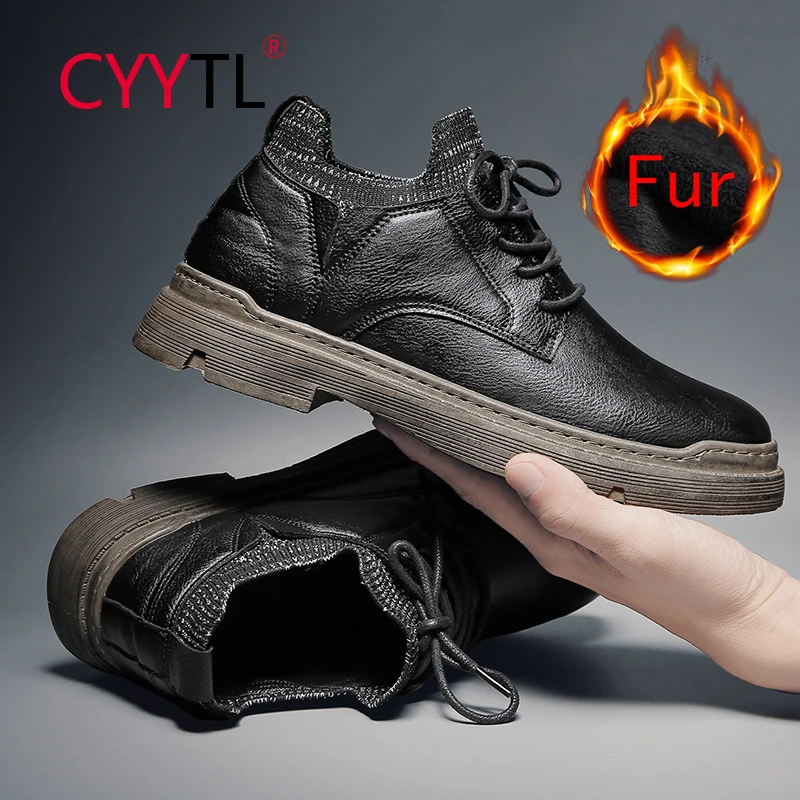 

CYYTL Men's Leather Waterproof Low Top Boots Comfort Outdoor Walking Keep Warm Winter Fur Lined Shoes Work Casual Chukka Botines
