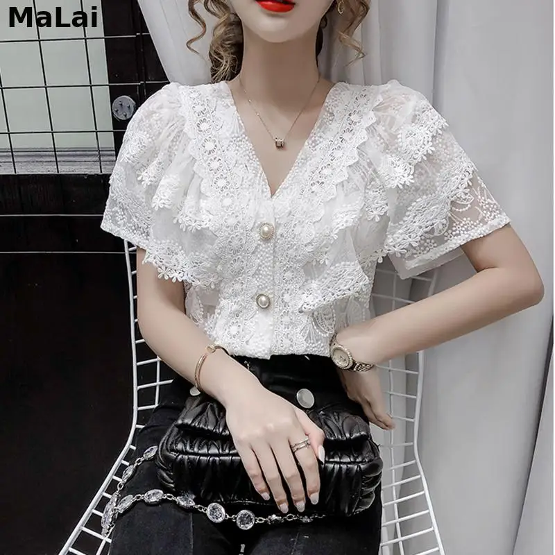 New Lolita Floral Crochet Summer Blouse Women V-Neck Short Sleeve Casual Vintage Pearls Buttons Lace Mesh Shirts Tops Office
New Lolita Floral Crochet Summer Blouse Women V-Neck Short Sleeve Casual Vintage Pearls Buttons Lace Mesh Shirts Tops Office