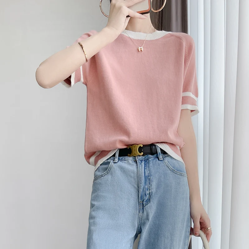 Summer Women's Pullover 100% Cotton Knit Tops Women Patchwork Casual Short Sleeve T-Shirt Ladies O-Neck Loose Large Size T-Shirt
Summer Women's Pullover 100% Cotton Knit Tops Women Patchwork Casual Short Sleeve T-Shirt Ladies O-Neck Loose Large Size T-Shirt