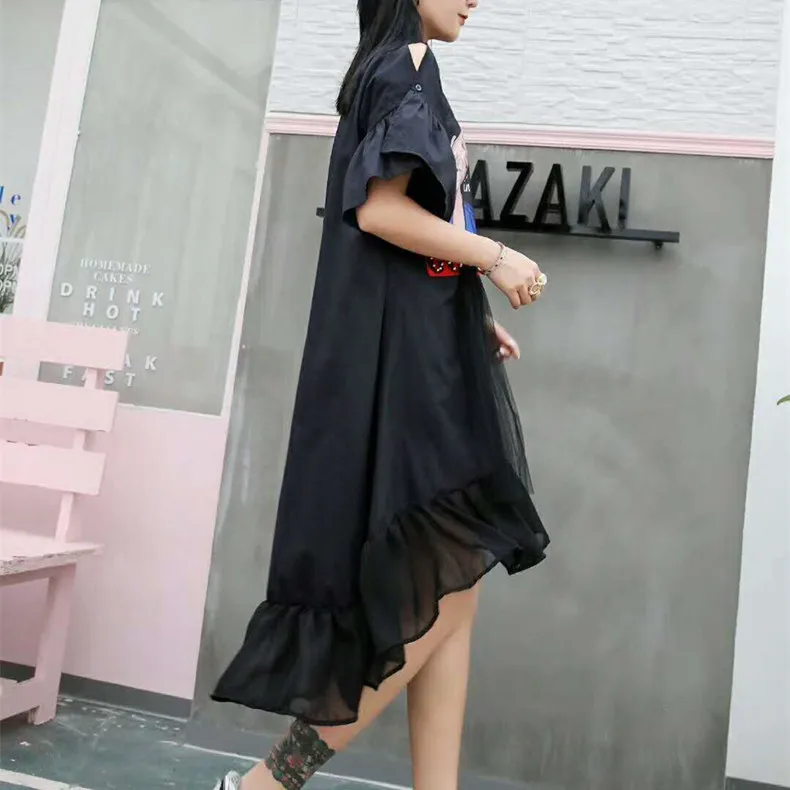 Женское Сетчатое платье в стиле пэчворк QING MO черное с асимметричным подолом